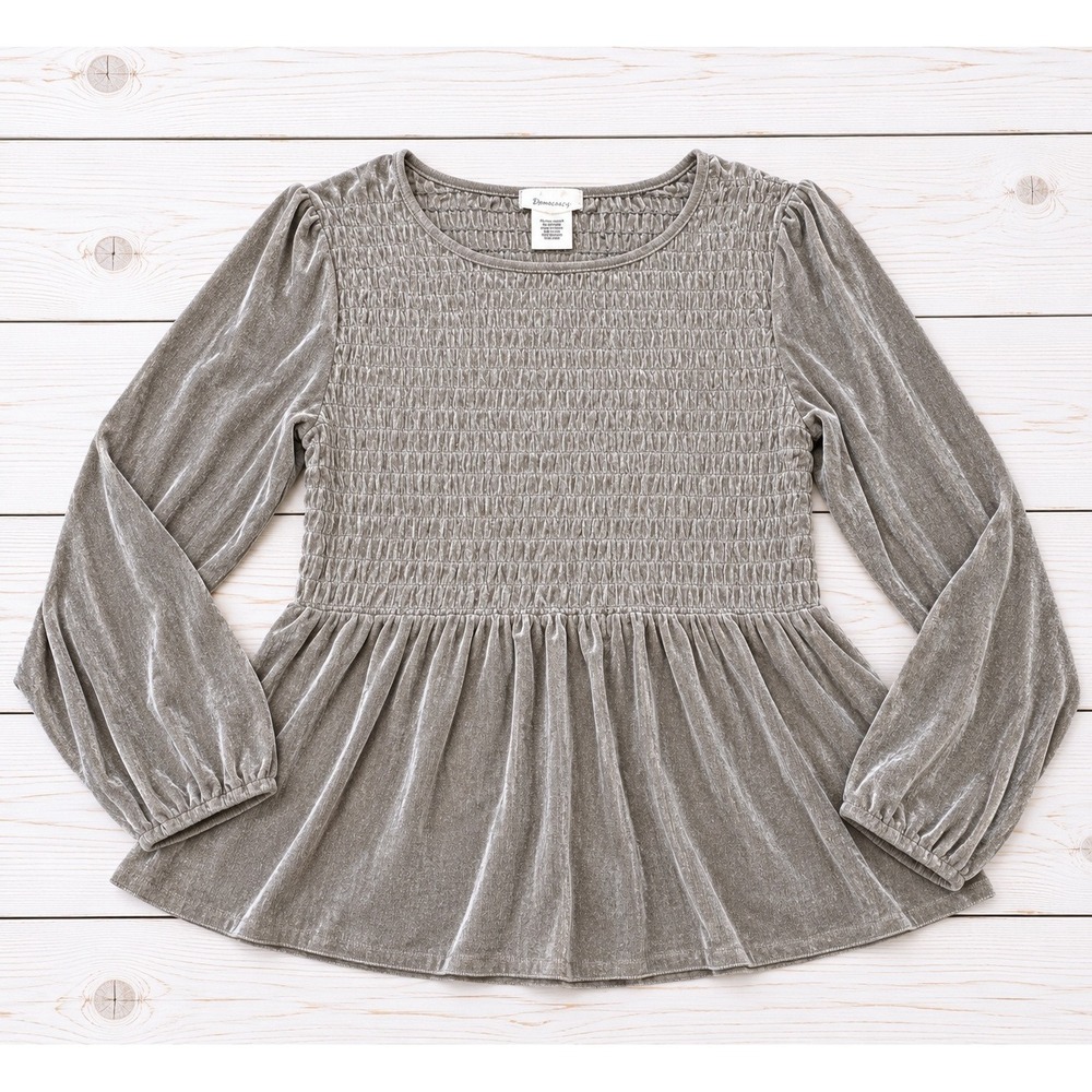 Urban Romantics Top Smocked Velvet Peplum Long Sleeve Silver Gray Boho Small
